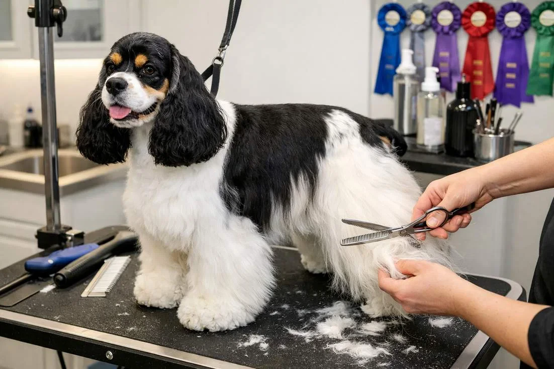 American Cocker Spaniel Getting A Professional Coat Trim At A Grooming Salon