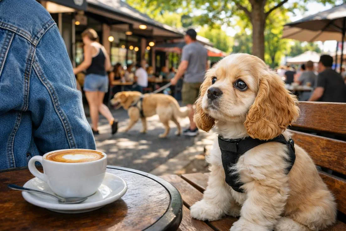 American Cocker Spaniel Puppy Socialising At An Australian Dog Friendly Cafy