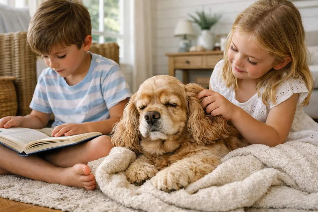 American Cocker Spaniel Snuggled Between Two Children