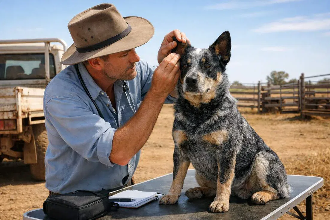 Australian Cattle Dog Being Examined By Vet