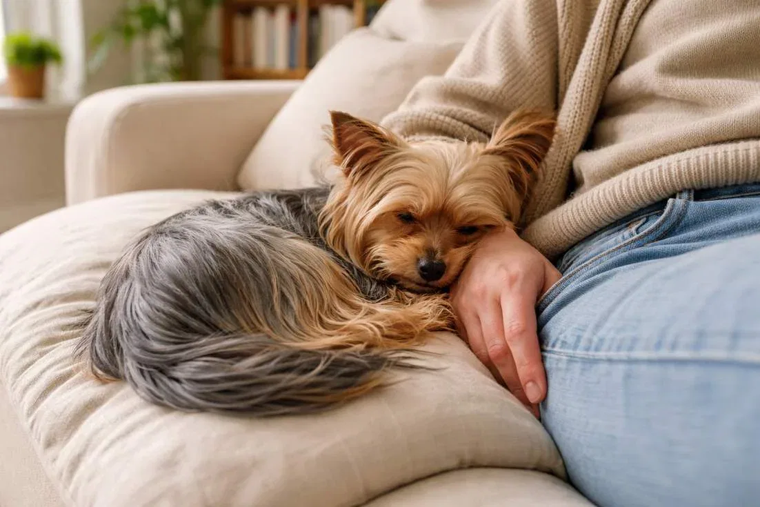 Australian Silky Terrier Curled On Sofa