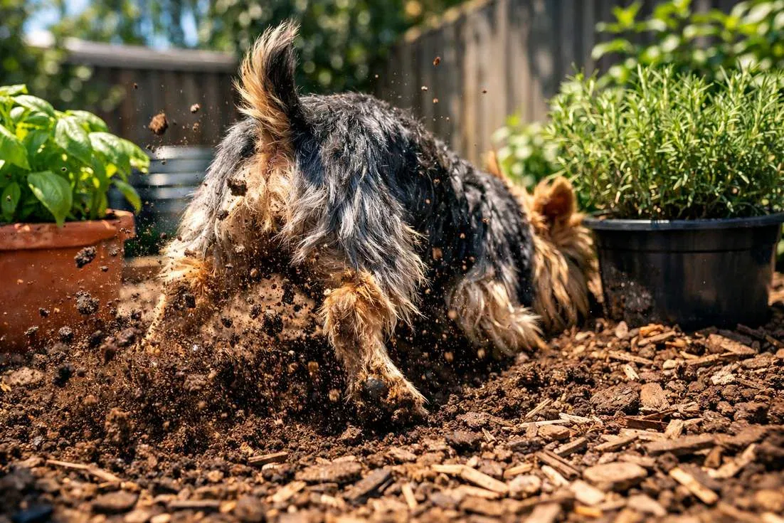 Australian Silky Terrier Digging Enthusiastically In Garden