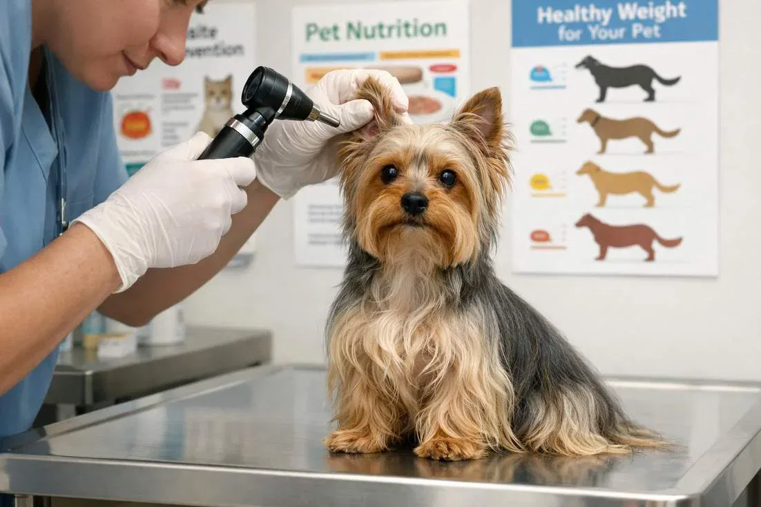 Australian Silky Terrier Having Ear Checked At Vet Clinic