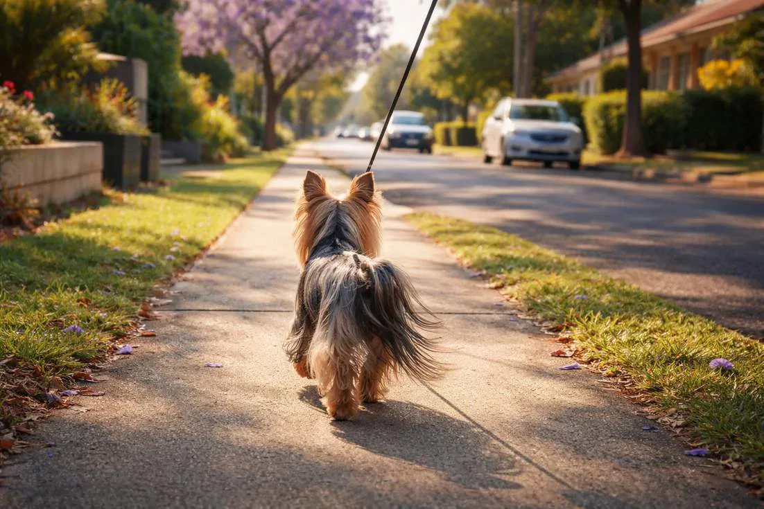 Australian Silky Terrier On Morning Walk Along Suburban Footpath