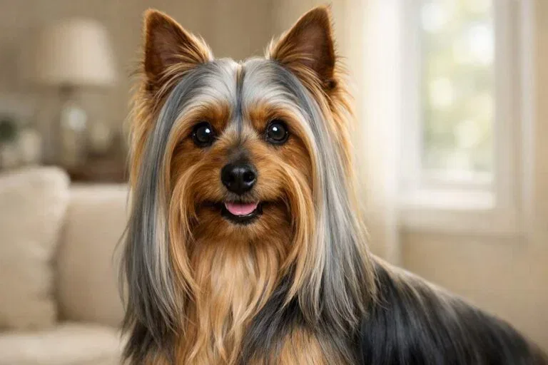 Australian Silky Terrier Portrait With Glossy Blue And Tan Coat