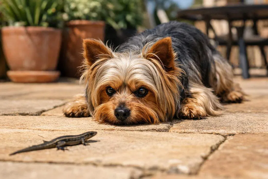 Australian Silky Terrier Stalking A Lizard On Patio