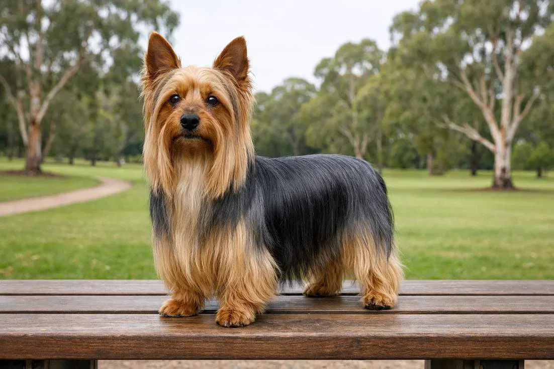Australian Silky Terrier Standing On Park Bench
