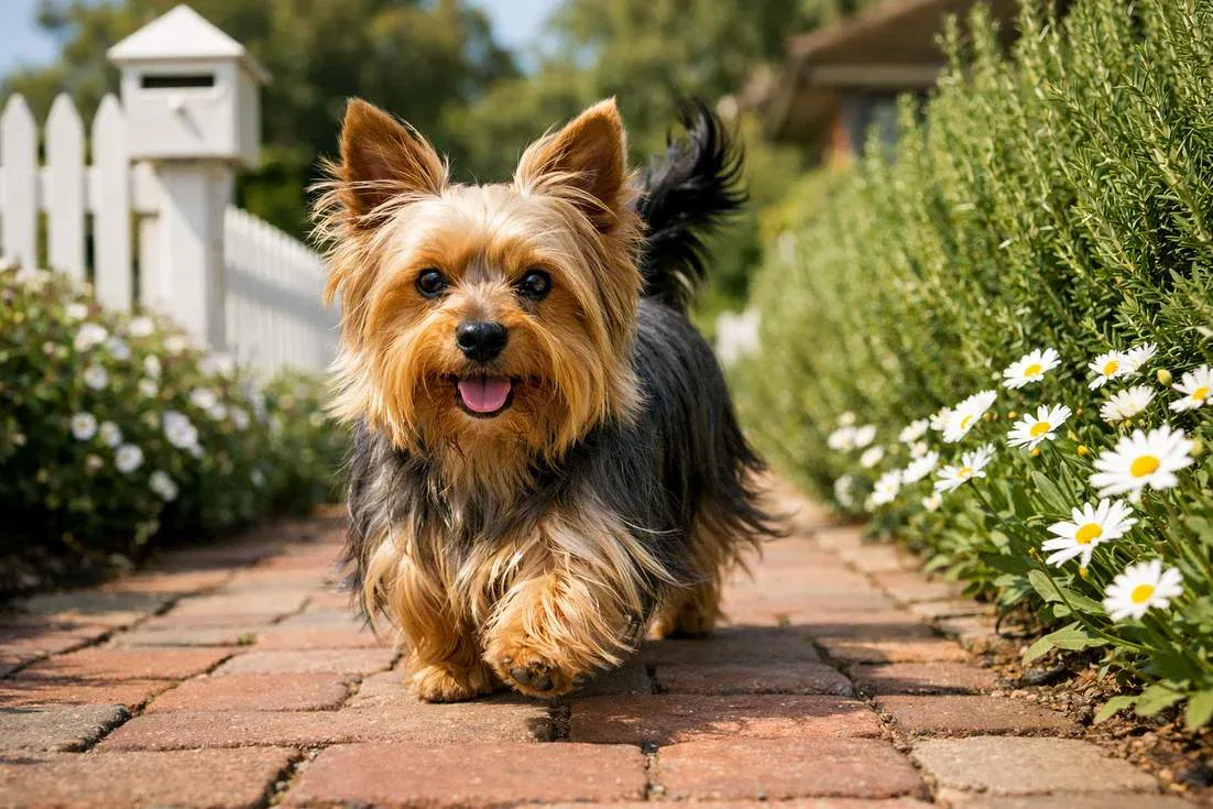 Australian Silky Terrier Trotting Through Suburban Garden