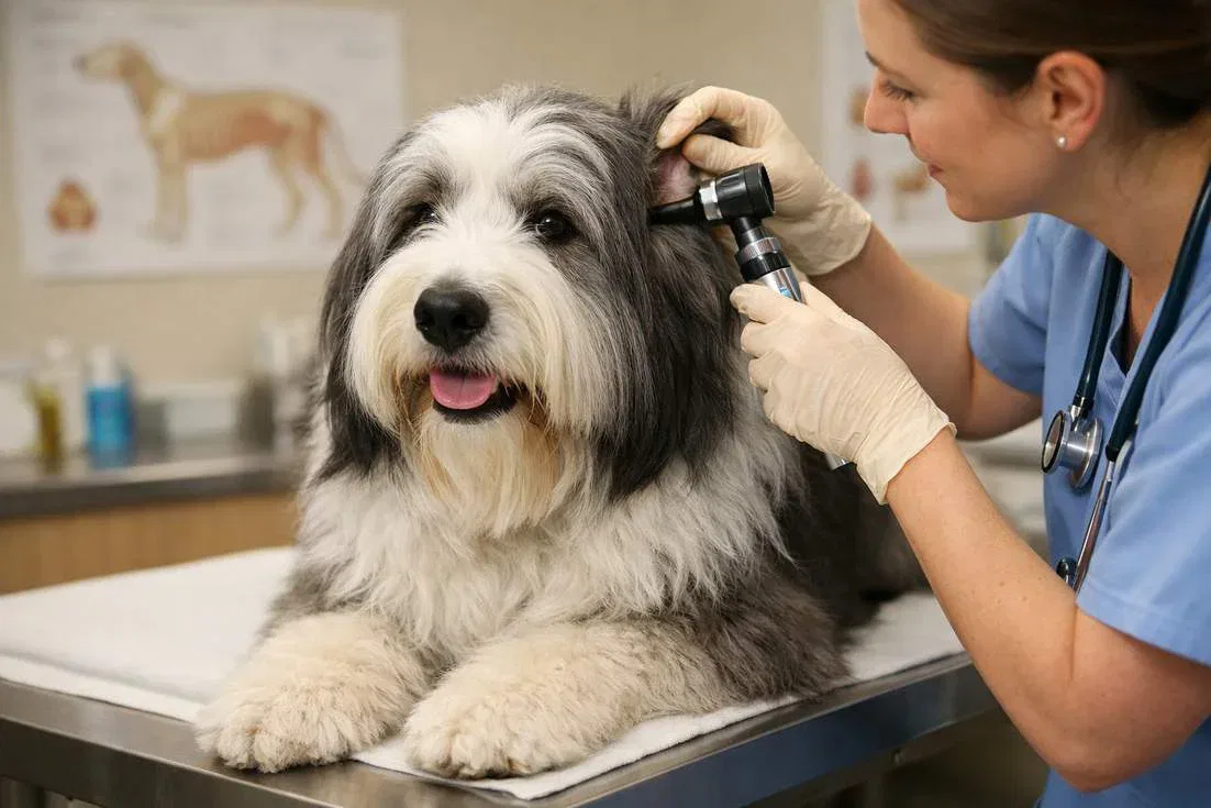 Bearded Collie Being Examined By A Veterinarian