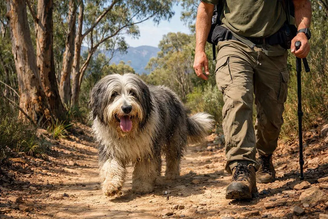 Bearded Collie Hiking With Owner On An Bush Trail