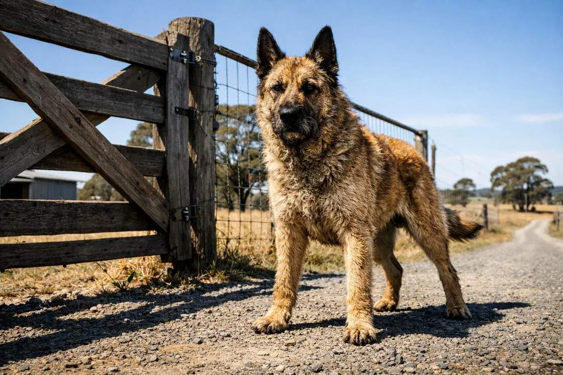 Belgian Laekenois Standing Guard At Rural Property Gate