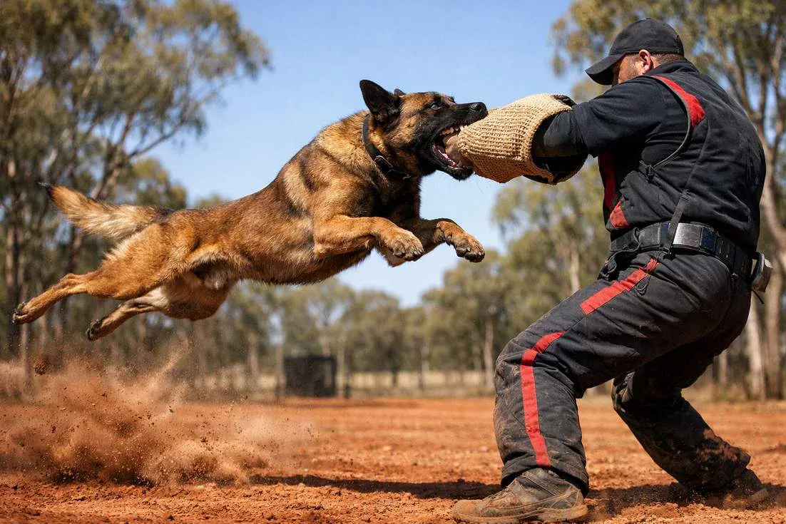 Belgian Malinois Catching A Bite Sleeve Mid Air During Protection Training