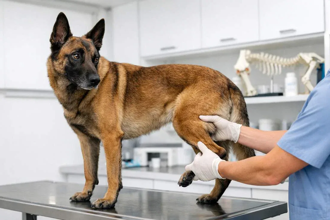 Belgian Malinois Having Rear Leg Joints Assessed By A Veterinarian