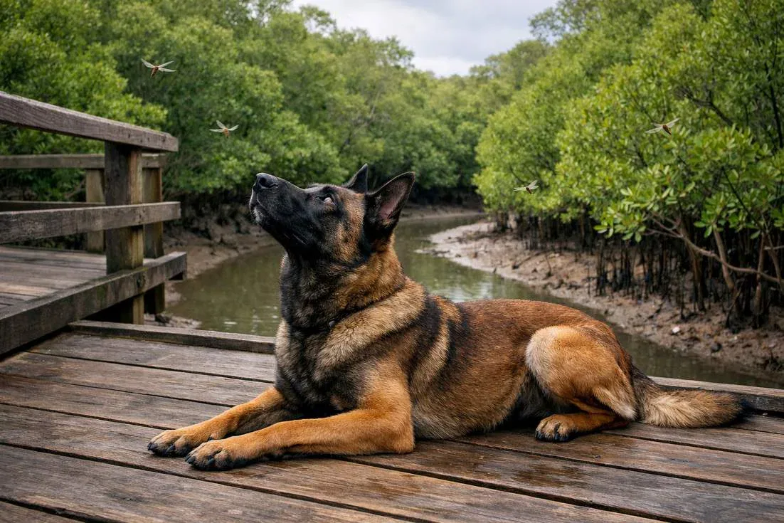 Belgian Malinois Holding A Focused Down Stay On A Boardwalk