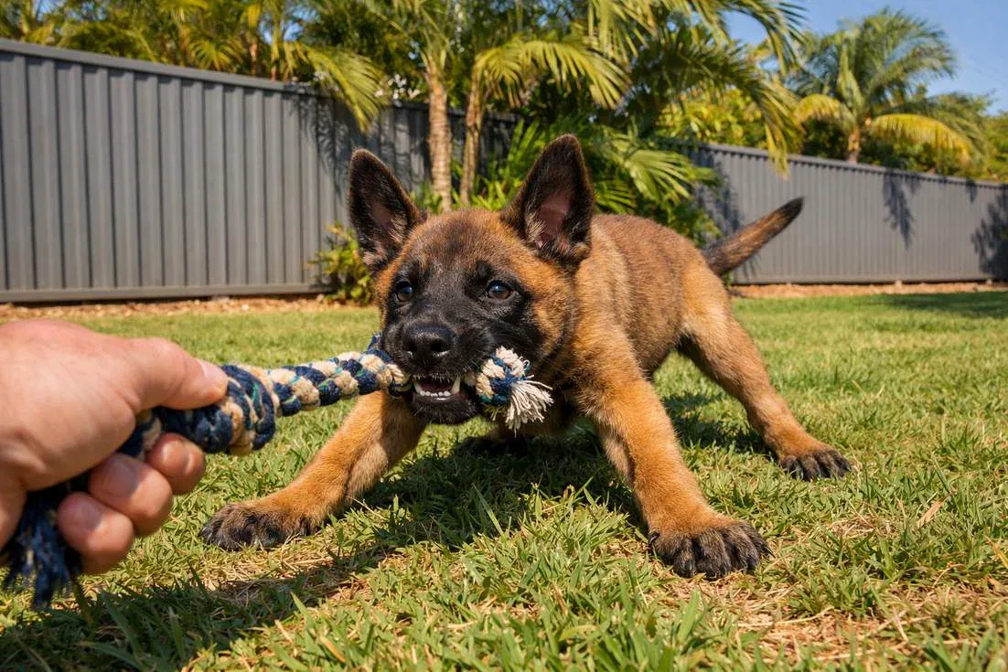Belgian Malinois Puppy Playing Tug With Fierce Grip