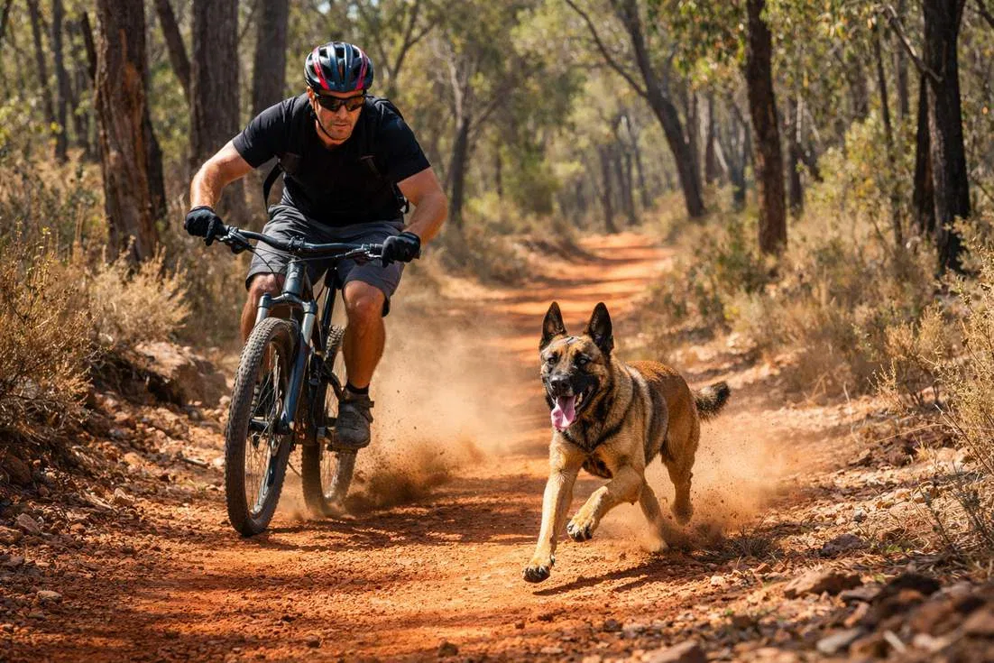 Belgian Malinois Running Alongside A Mountain Biker