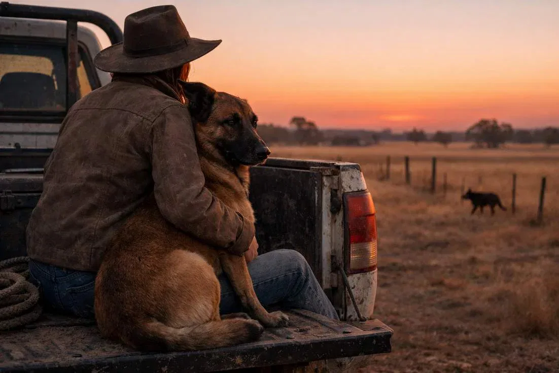 Belgian Malinois Sitting Close To Owner On A Ute Tailgate At Dusk On An Australian Farm