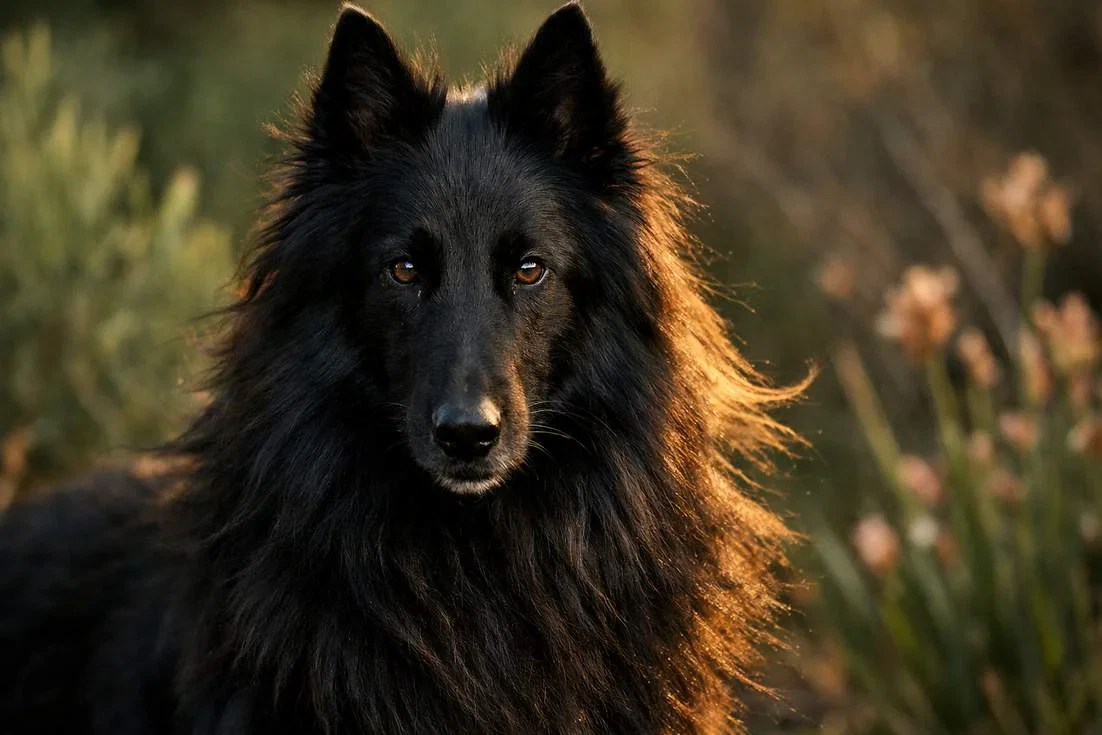 Belgian Shepherd With Flowing Black Coat And Intense Alert Expression