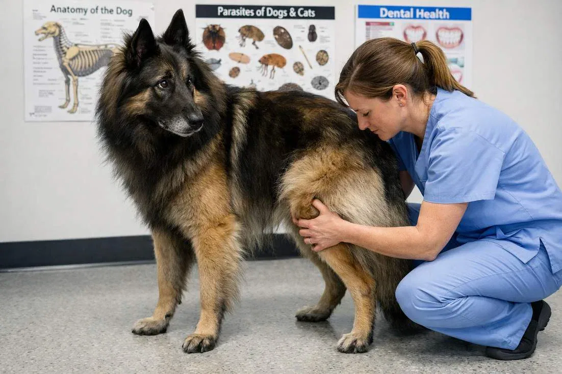 Belgian Tervuren Being Examined By Veterinarian