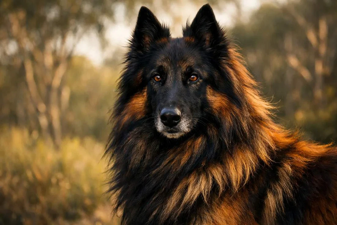 Belgian Tervuren Trotting Elegantly Through Horse Paddock