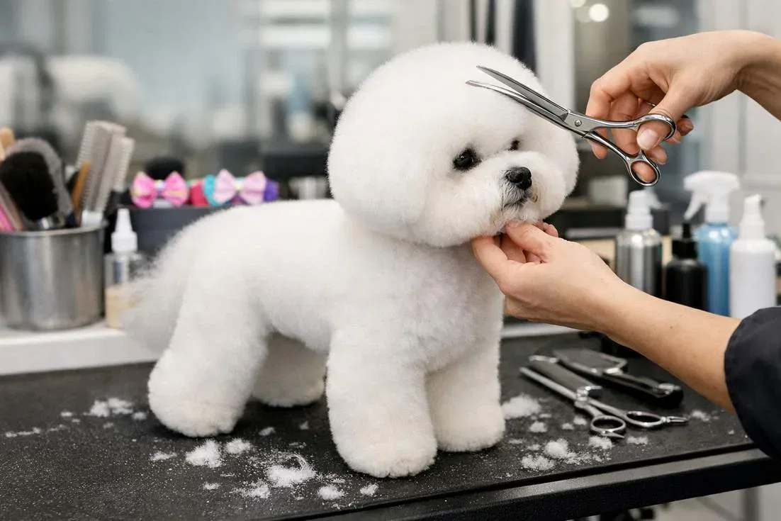 Bichon Frisy Being Professionally Groomed