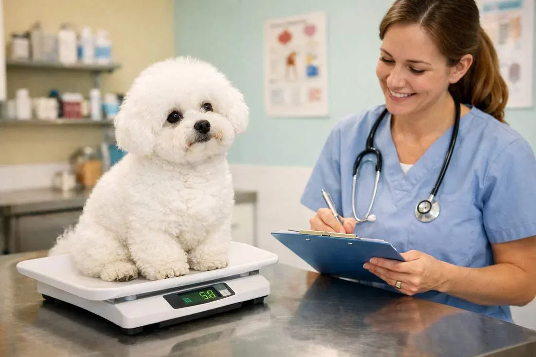 Bichon Frisy Being Weighed During Vet Wellness Visit