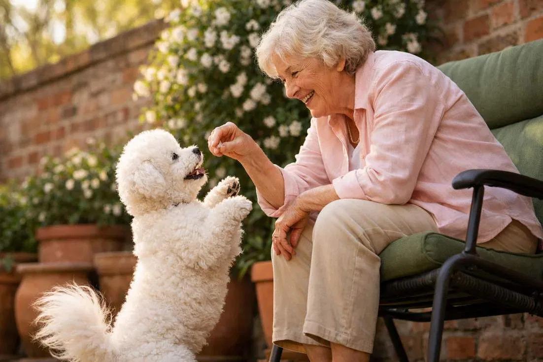 Bichon Frisy Doing Trick For Elderly Owner In Garden