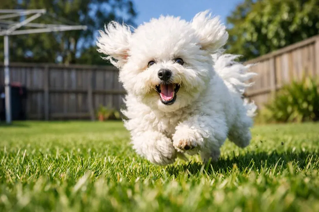 Bichon Frisy Doing Zoomies Across Greenbackyard