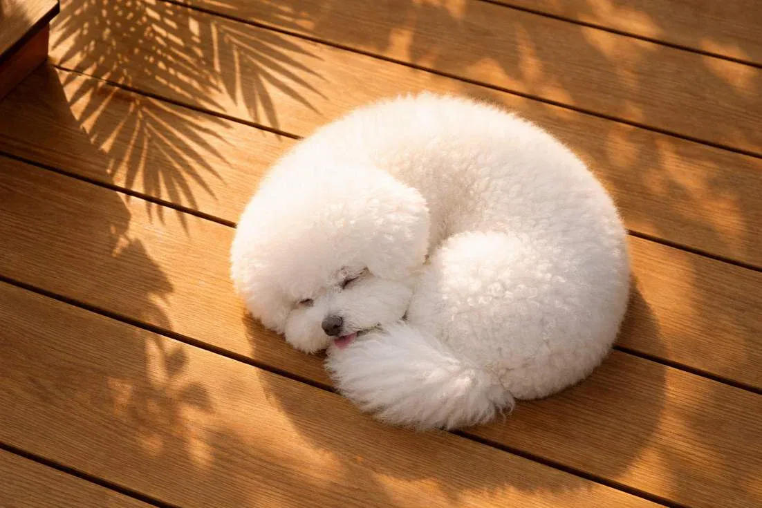Bichon Frisy Napping On Timber Deck