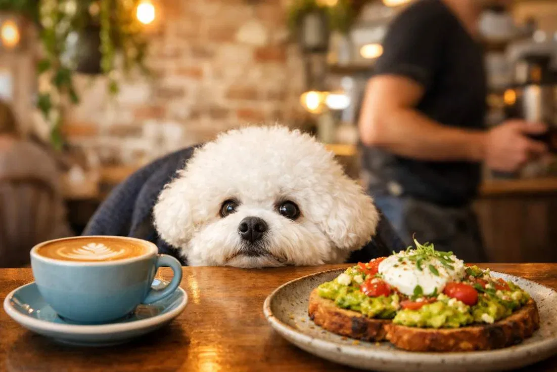 Bichon Frisy Peeking Over Cafy Table During Brunch