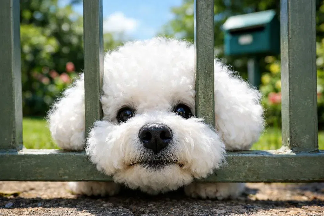 Bichon Frisy Peeking Through Garden Gate