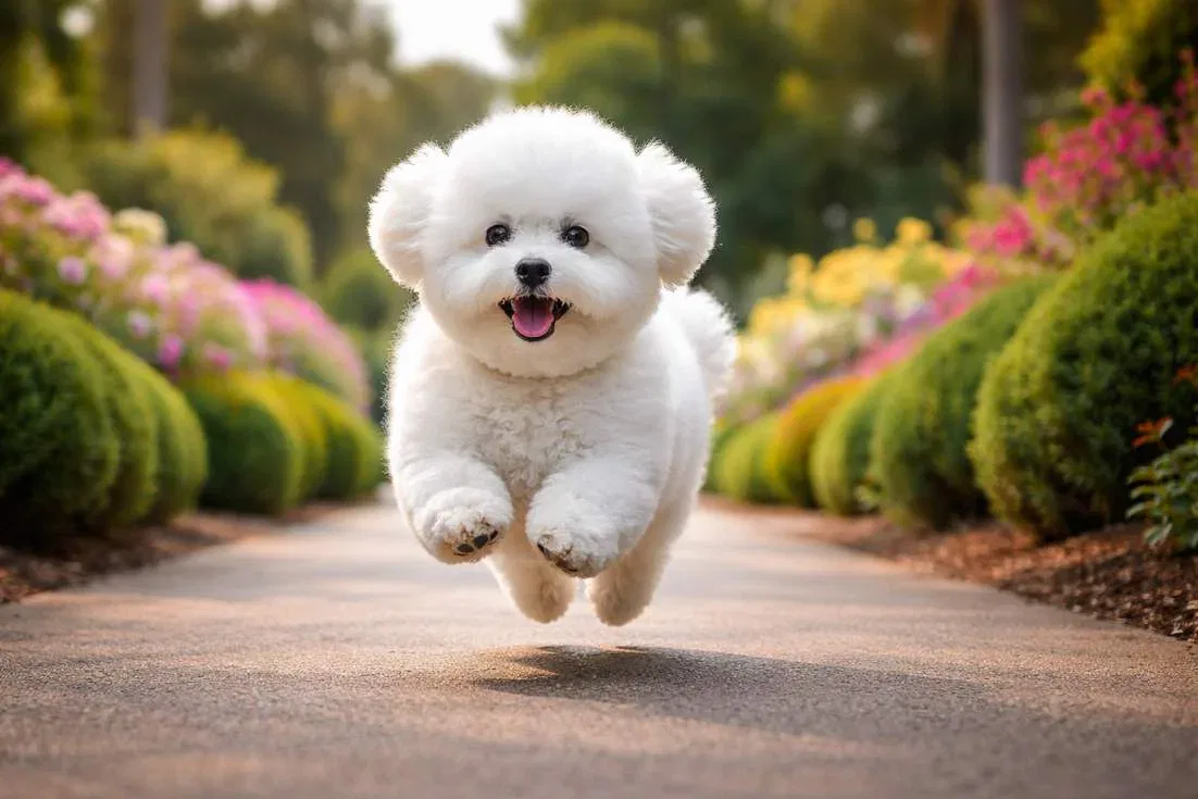 Bichon Frisy Prancing Happily Through Botanical Garden