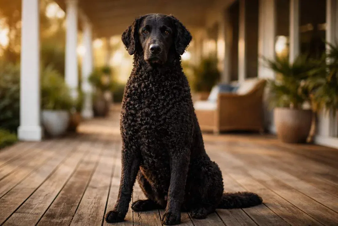 Black Curly Coated Retriever Portrait Sitting On Timber Deck