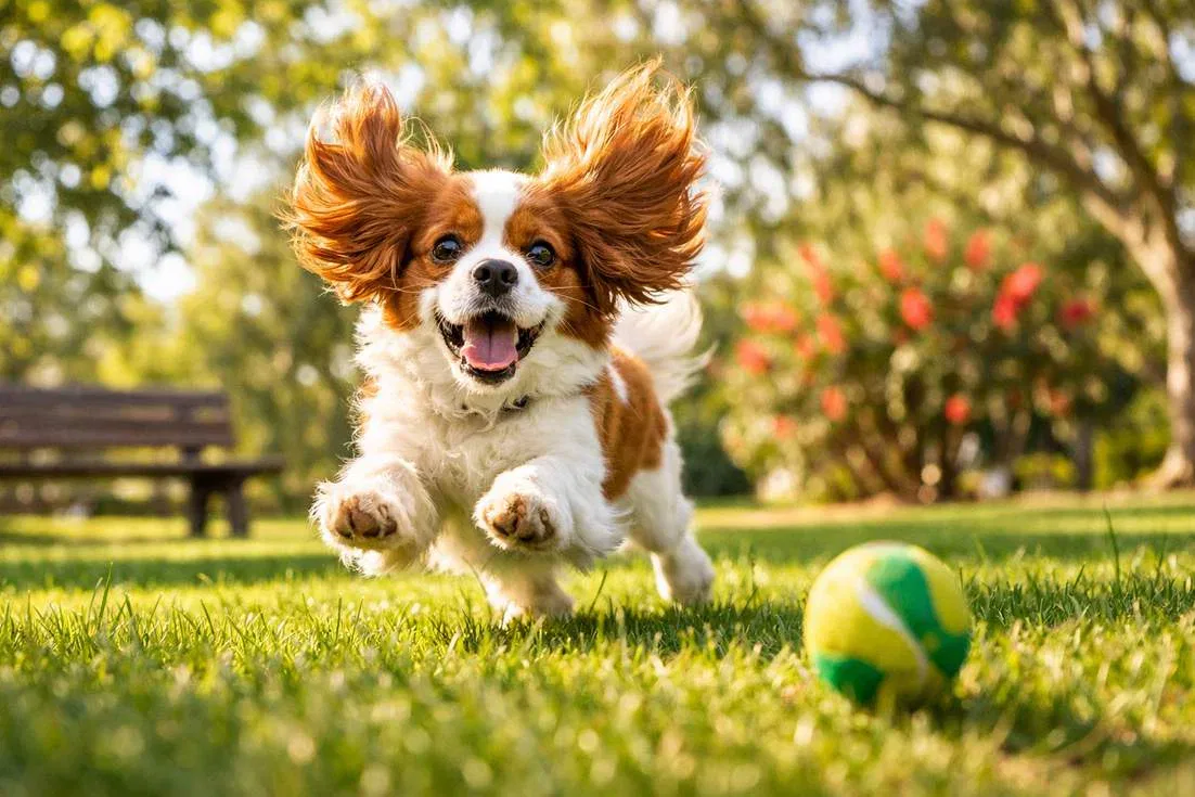 Blenheim Cavalier King Charles Spaniel Bouncing Playfully Chasing Ball