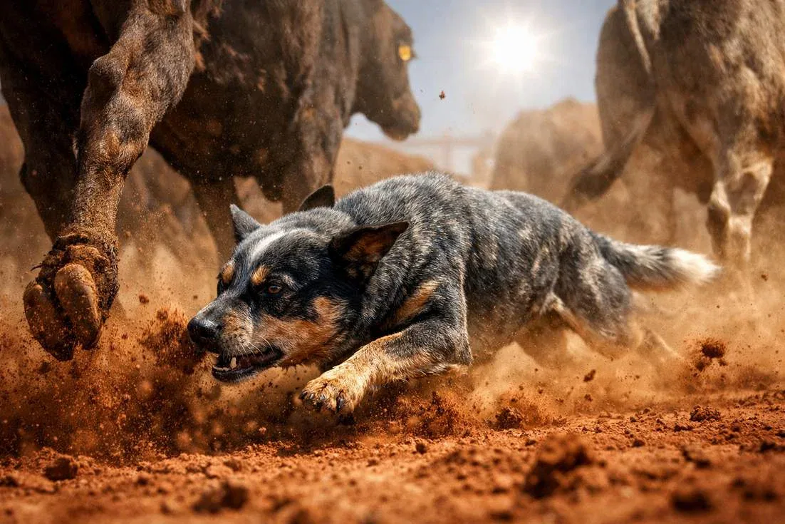 Blue Australian Cattle Dog Herding Cattle In Dusty Stockyard