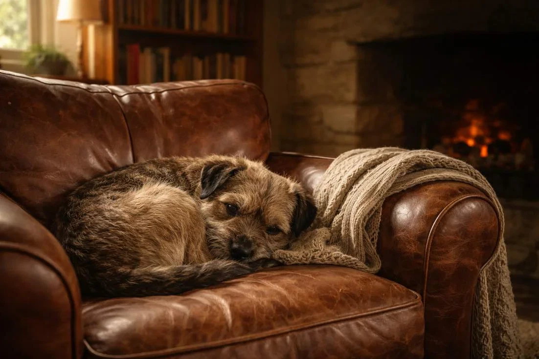 Border Terrier Curled Up On A Leather Armchair In A Cosy Daylesford Country Cottage