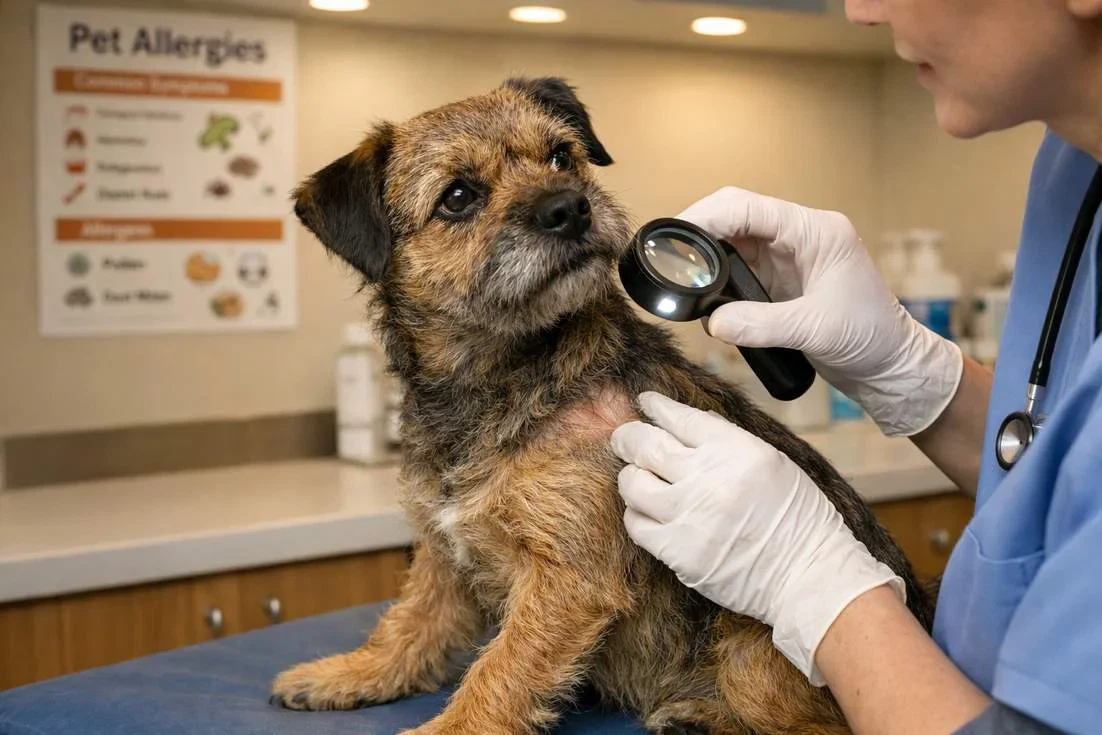 Border Terrier Having Its Skin Examined By A Veterinarian