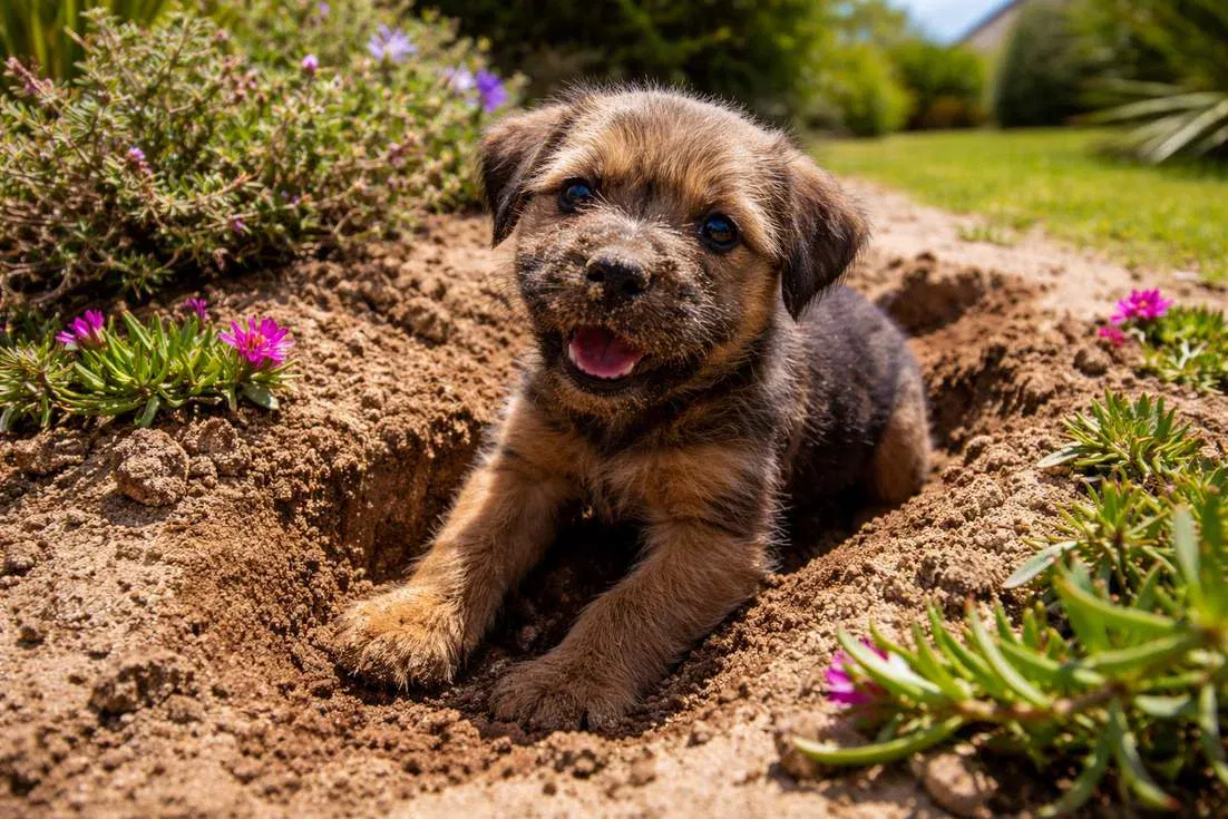 Border Terrier Puppy Caught Digging In A Garden Bed