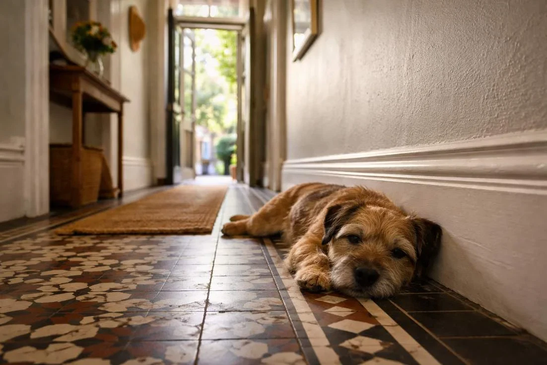 Border Terrier Relaxed In The Hallway