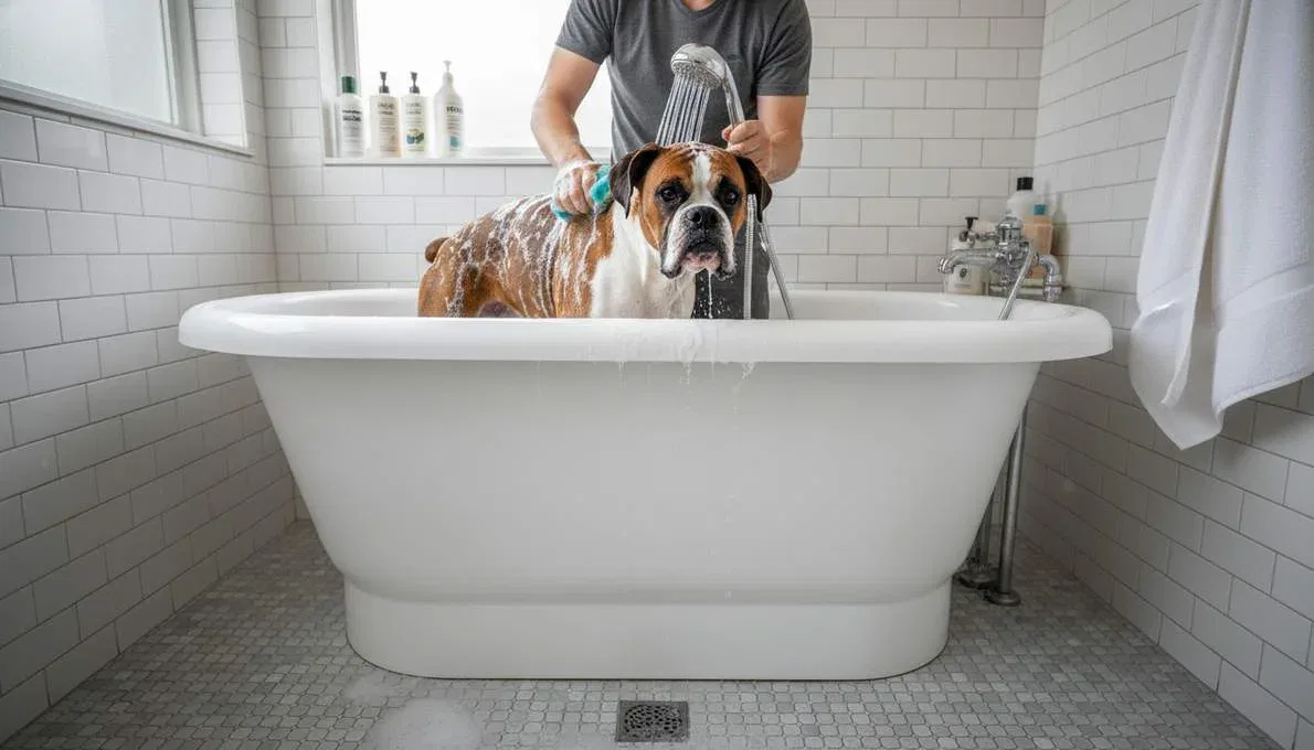 Boxer Bathing By Owner