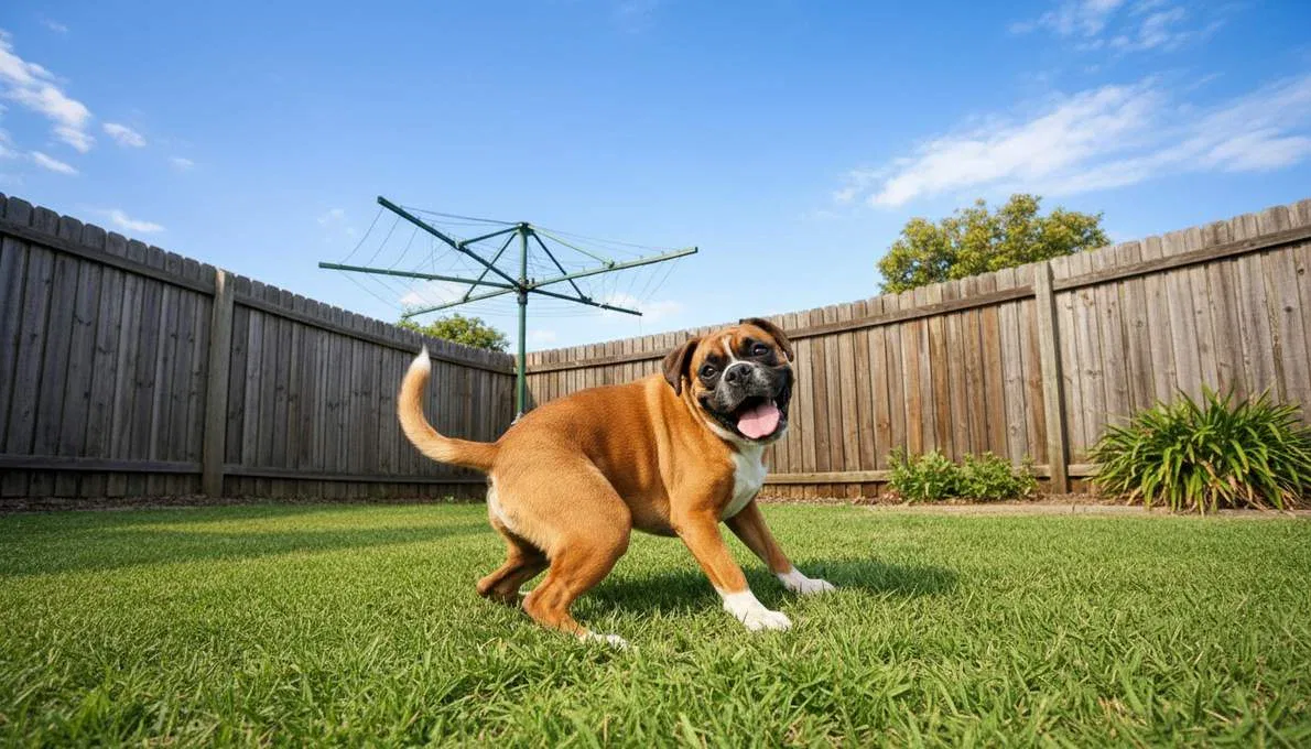 Boxer Doing Signature Full Body Wiggle In Backyard