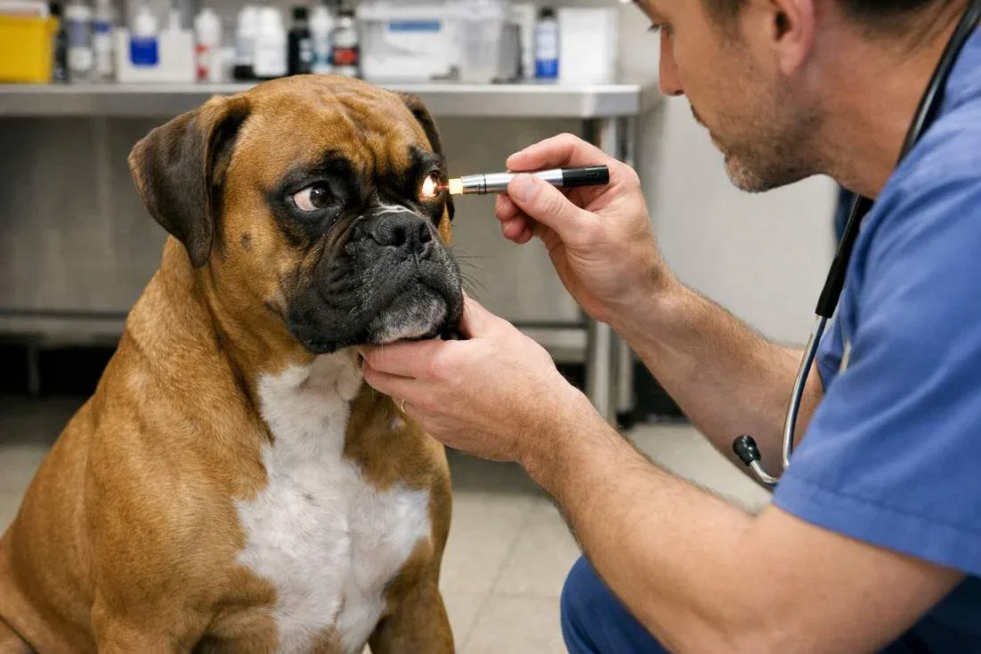 Boxer Having Eye Examination At Vet Clinic