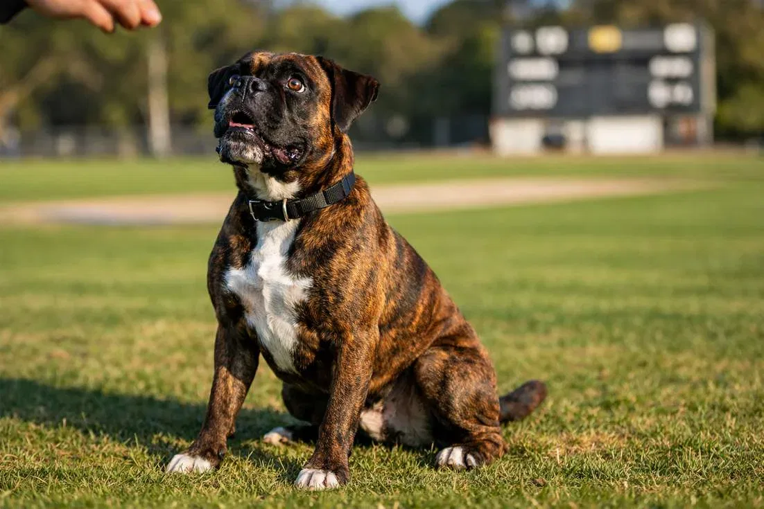 Brindle Boxer Focused On Treat During Training
