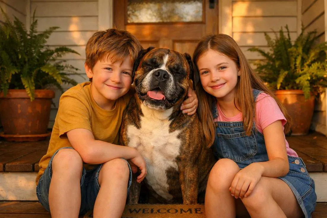 Brindle Boxer Sitting With Children