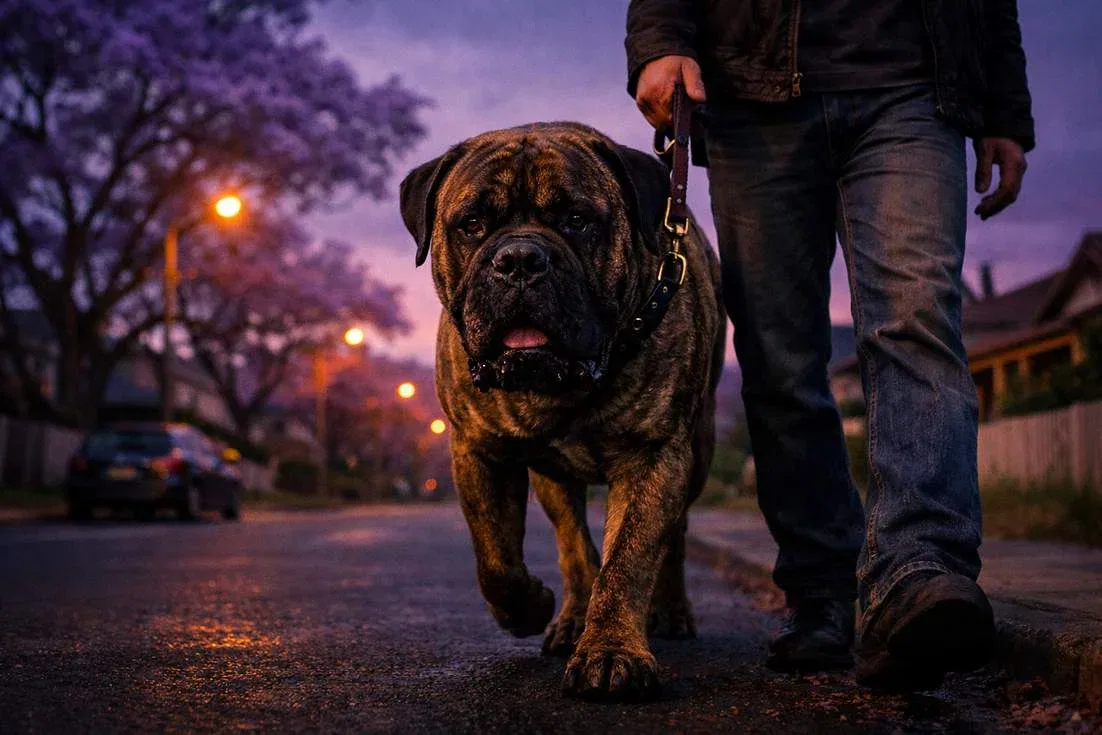 Brindle Bullmastiff On Evening Leash Walk
