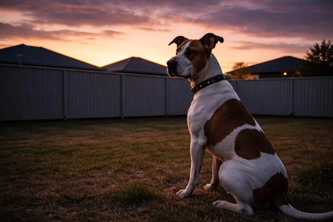 Bull Arab In Watchful Protective Stance At Dusk In Australian Suburban Backyard