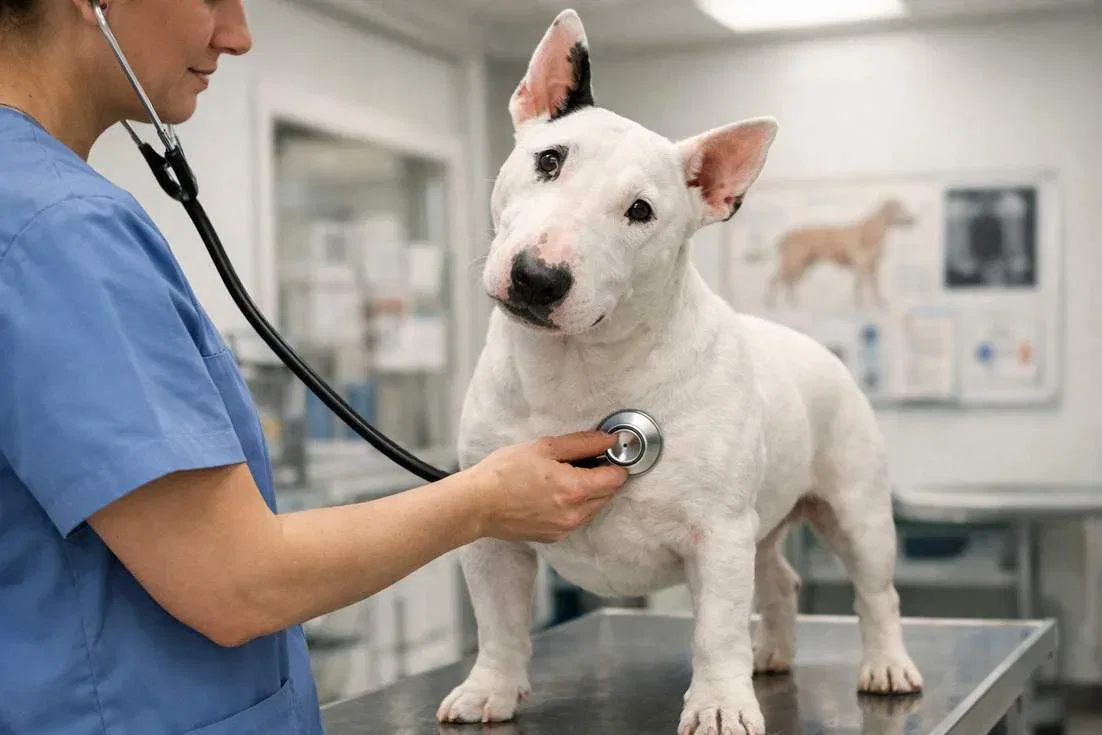 Bull Terrier Being Checked With A Stethoscope