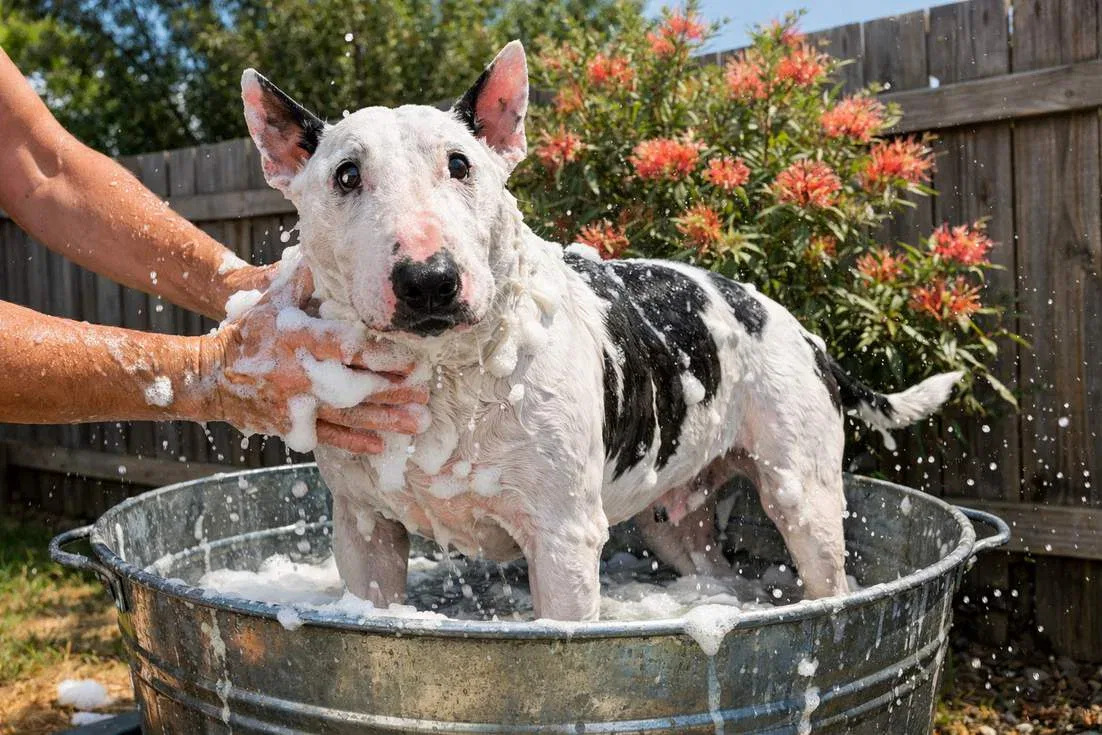Bull Terrier Getting A Bath In An Outdoor Tub