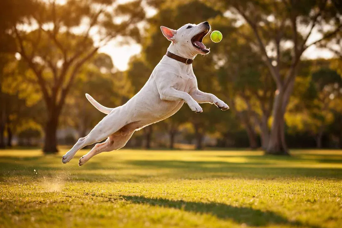 Bull Terrier Leaping To Catch A Ball