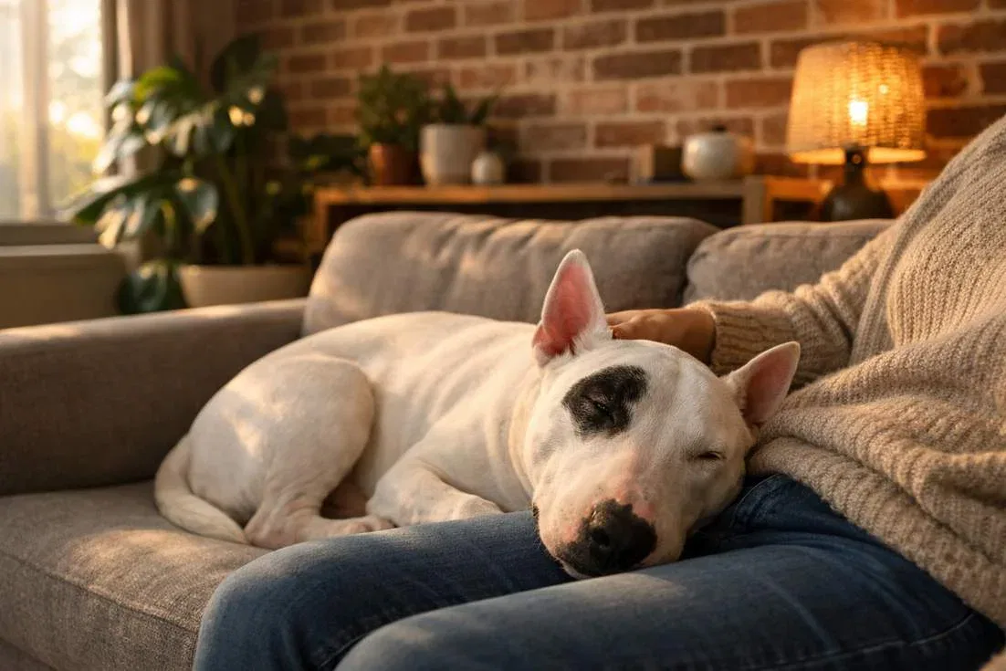 Bull Terrier Resting On Owners Lap